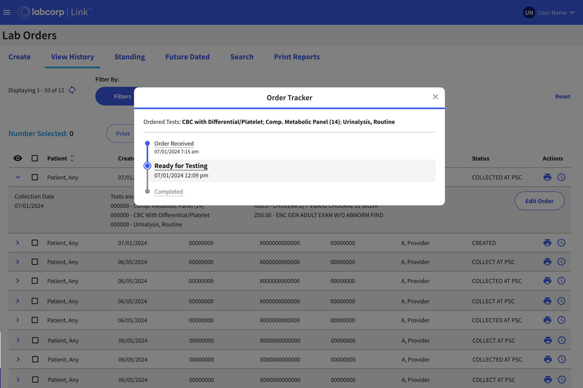 Labcorp Link Order Tracker Screenshot