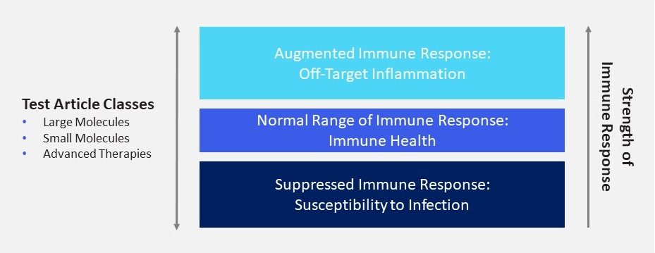 Test Article Classes: Large Molecules, Small Molecules, advanced therapies. Augmented Immune Response: Off-Targer Inflammation. Normal Range of immune Response: Immune Health. Suppressed Immune Response: Susceptibility to Infection. 